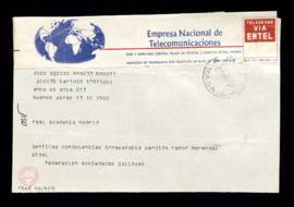 Telegrama de la Federación de Sociedades Gallegas a la Real Academia Española en el que envían su...