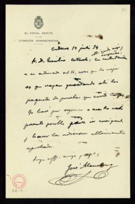Carta de José Alemany a Emilio Cotarelo en la que le indica que cree que es mejor que los paquete...