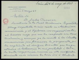 Carta de José Balcázar Sabariegos al secretario, Julio Casares, en la que acusa recibo de la comu...