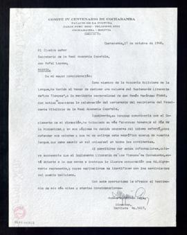 Carta de Humberto Guzmán Arce, miembro de la Academia Boliviana de la Lengua, al secretario [Rafa...