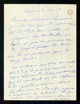 Carta de Gabriel Maura a Melchor Fernández Almagro en la que le dice que le ha enviado el trabajo...