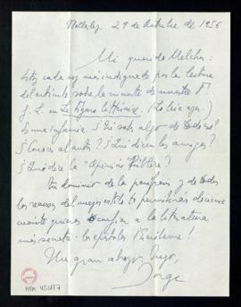 Carta de Jorge Guillén a Melchor Fernández Almagro en la que le dice que está cada vez más indign...