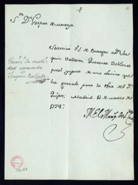 Orden del marqués de Santa Cruz del pago a Joaquín Ballester de 40 doblones por una lámina para l...