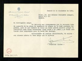 Carta de Francisco Sintes, director general de Archivos y Bibliotecas, a Melchor Fernández Almagr...