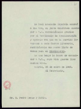 Minuta del oficio del secretario [Julio Casares] a Pedro Lemus y Rubio de traslado del acuerdo de...