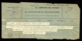 Telegrama de pésame de Luis Mas, presidente de la Academia de Bellas Artes de Sabadell, por el fa...