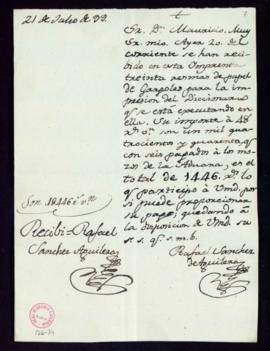 Carta de Rafael Sánchez de Aguilera a Mauricio de Cano sobre la recepción de 30 resmas de papel d...