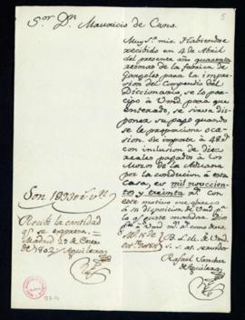 Carta de Rafael Sánchez de Aguilera a Juan Crisóstomo Alamanzón sobre la recepción de 40 resmas d...