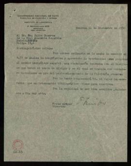 Carta de Fritz Krüger a Julio Casares con la que le remite el tomo IV de los Anales del Instituto...