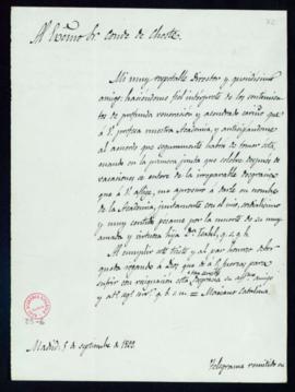 Minuta de la carta de pésame de Mariano Catalina al director, el conde de Cheste, por el fallecim...