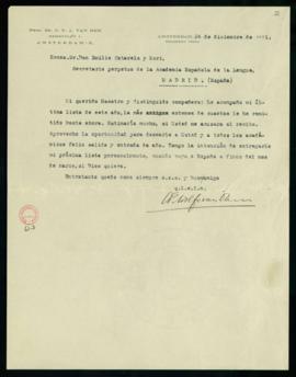 Carta de C. F. Adolf van Dam a Emilio Cotarelo con la que le remite una nueva lista de adiciones ...