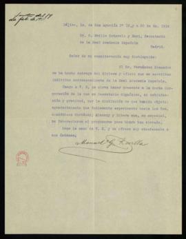 Carta de Manuel G. Revilla a Emilio Cotarelo y Mori, secretario de la Real Academia Española, en ...