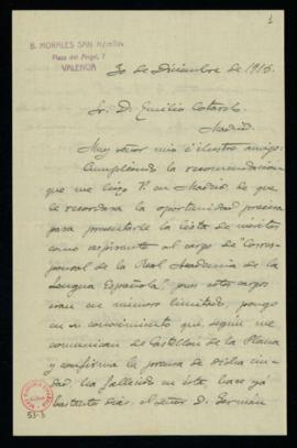 Carta de Bernardo Morales San Martín a Emilio Cotarelo en la que le comunica que hace ya varios d...
