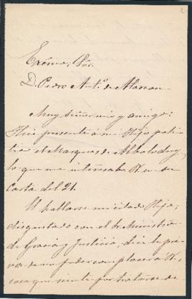Carta del marqués de Novaliches [Manuel Pavía y Lacy] a Pedro Antonio de Alarcón con el motivo po...