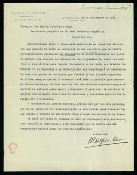 Carta de C. F. Adolf van Dam a Emilio Cotarelo en la que acusa recibo de su nombramiento como aca...