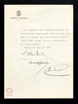 Informe favorable de censura al discurso escrito por Pío Baroja para el acto de su recepción en l...