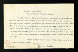 Carta de Fernando Vela a Melchor Fernández Almagro en la que le agradece su artículo sobre su lib...