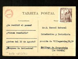 Tarjeta postal de Manuel Rabanal, catedrático y periodista, sobre la reseña de un poema