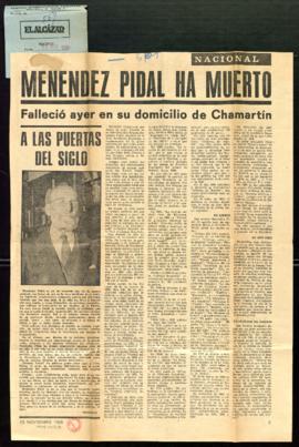 Recorte del diario El Alcázar con el artículo Menéndez Pidal ha muerto