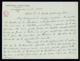 Carta de Narciso Correal a Emilio Cotarelo en la que acusa recibo del Boletín de la Academia corr...