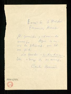 Carta de Carlos Bousoño a Melchor Fernández Almagro con la que le envía la fotografía que le pidió