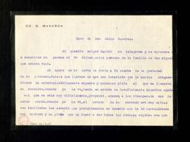Carta de Gregorio Marañón a Julio Casares acerca de su diagnóstico de la enfermedad por la que fa...