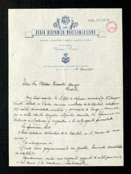 Carta de Regia Hispánica Norteamericana a Melchor Fernández Almagro con la solicitud de una respu...