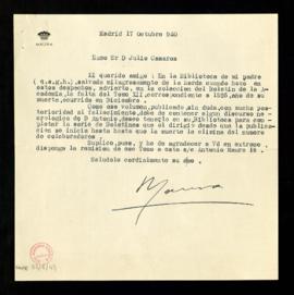 Carta de Gabriel Maura a Julio Casares en la que le solicita el tomo XII del Boletín de la Academ...
