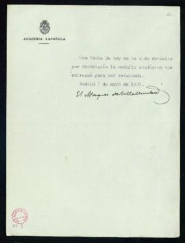 Recibo del marqués de Villa-Urrutia de la medalla acádemica