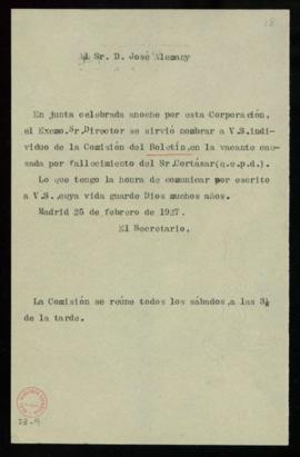 Minuta del oficio del secretario [Emilio Cotarelo] a José Alemany [y Bolufer] en la que le comuni...