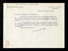 Carta de Ramón Menéndez Pidal en la que agradece las felicitaciones que los académicos le han env...