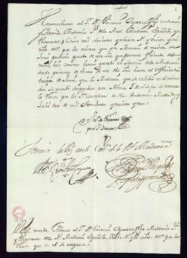 Orden de Juan de Ferreras, por ausencia del director, de libramiento a favor de Vincencio Squarza...
