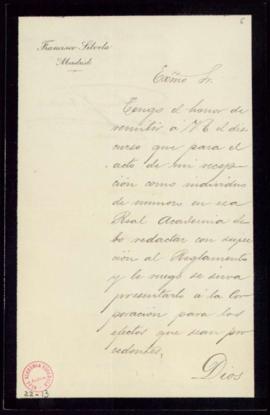 Carta de Francisco Silvela al secretario, Manuel Tamayo [y Baus], con la que remite el discurso p...