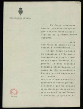 Copia del oficio de ratificación de la elección de Jenaro Cardona Valverde como individuo de núme...