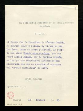 Copia sin firma del besalamano del secretario a Francisco J. Sánchez Cantón con el que le remite ...