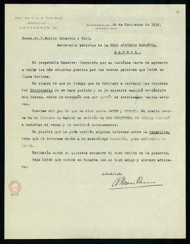 Carta de C. F. Adolf van Dam a Emilio Cotarelo en la que le agradece que le diga que es útil para...