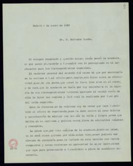 Carta de Emilio Cotarelo a Salvador Rueda en la que le explica que jamás pensó la Academia en hac...