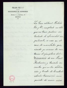 Carta de Perlado, Páez y C.ª al inspector de publicaciones de la Academia en la que avisa de las ...