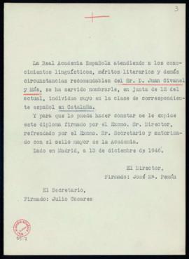 Minuta del diploma de Juan Givanel y Mas de académico correspondiente español en Cataluña