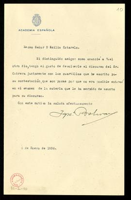 Carta de Ignacio Bolívar a Emilio Cotarelo con la que le devuelve el discurso de Blas Cabrera