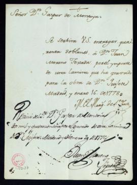 Orden del marqués de Santa Cruz del pago a Juan Moreno Tejada de 40 doblones por una lámina que h...