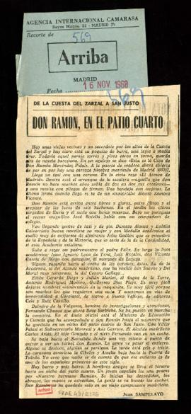 Recorte del diario Arriba con el artículo Don Ramón, en el patio cuarto, por Juan Sampelayo