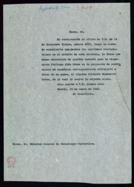 Minuta de la carta del secretario [Alonso Zamora Vicente] al director general de relaciones cultu...