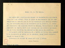 Copia de la carta de contestación de Julio Casares a Pío Baroja para manifestarle que su medalla ...