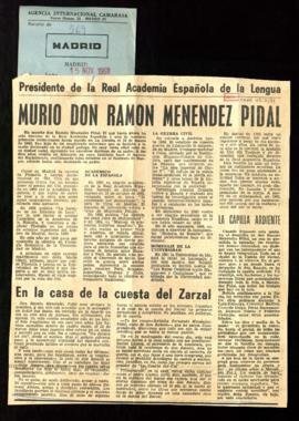 Recorte del diario Madrid con el artículo Murió don Ramón Menéndez Pidal
