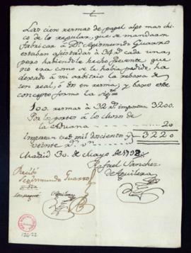 Recibo de Segismundo Guarro de 3220 reales de vellón por varias resmas de papel