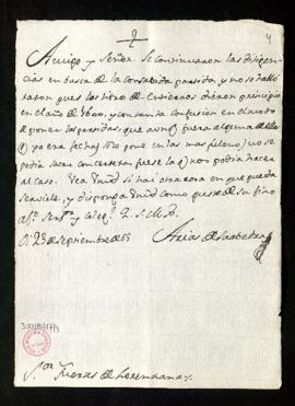 Carta de Arias Saavedra a Fuentes de Lorenzana en la que indica que la búsqueda de la partida ha ...