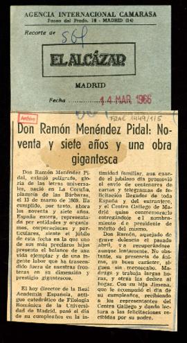 Recorte del diario El Alcázar con el artículo Don Ramón Menéndez Pidal: Noventa y siete años y un...