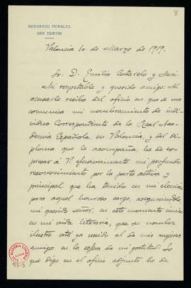 Carta de Bernardo Morales San Martín a Emilio Cotarelo en la que le agradece la parte que ha teni...