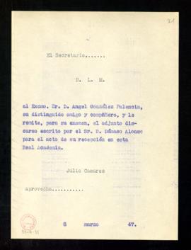Copia del besalamano del secretario a Ángel González Palencia por el que le remite, para su exame...